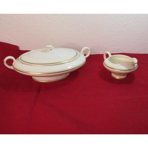 Vintage Ceramic Serving Bowl w/Lid & Gravy Boat Dish Bowl  K T & K Gold Trim